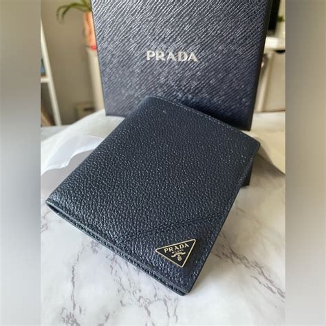 Prada Vitello Micro Grain Navy Blue Leather Triangle Logo Bifold 